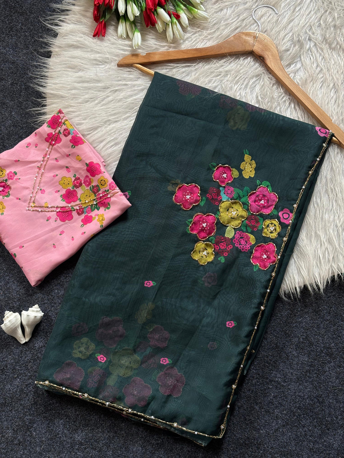 Soft Tabi silk flower print hand work saree