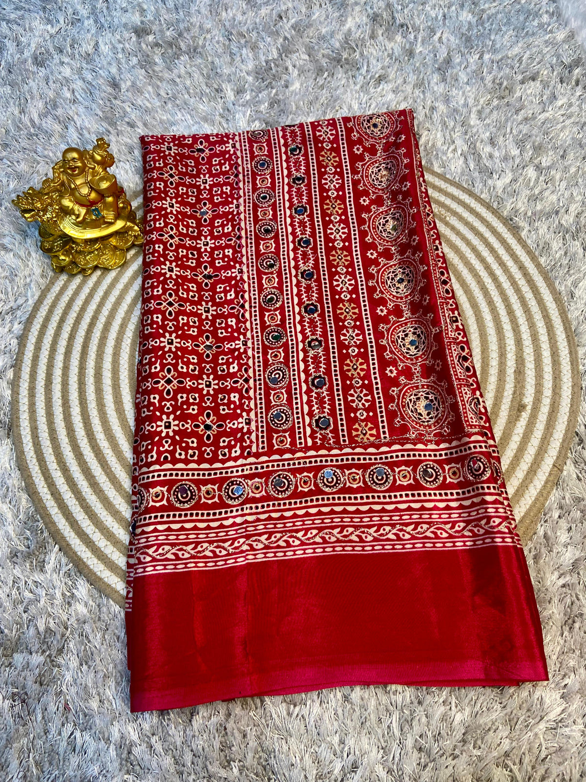 Ajrak model soft crepe silk mirror work saree