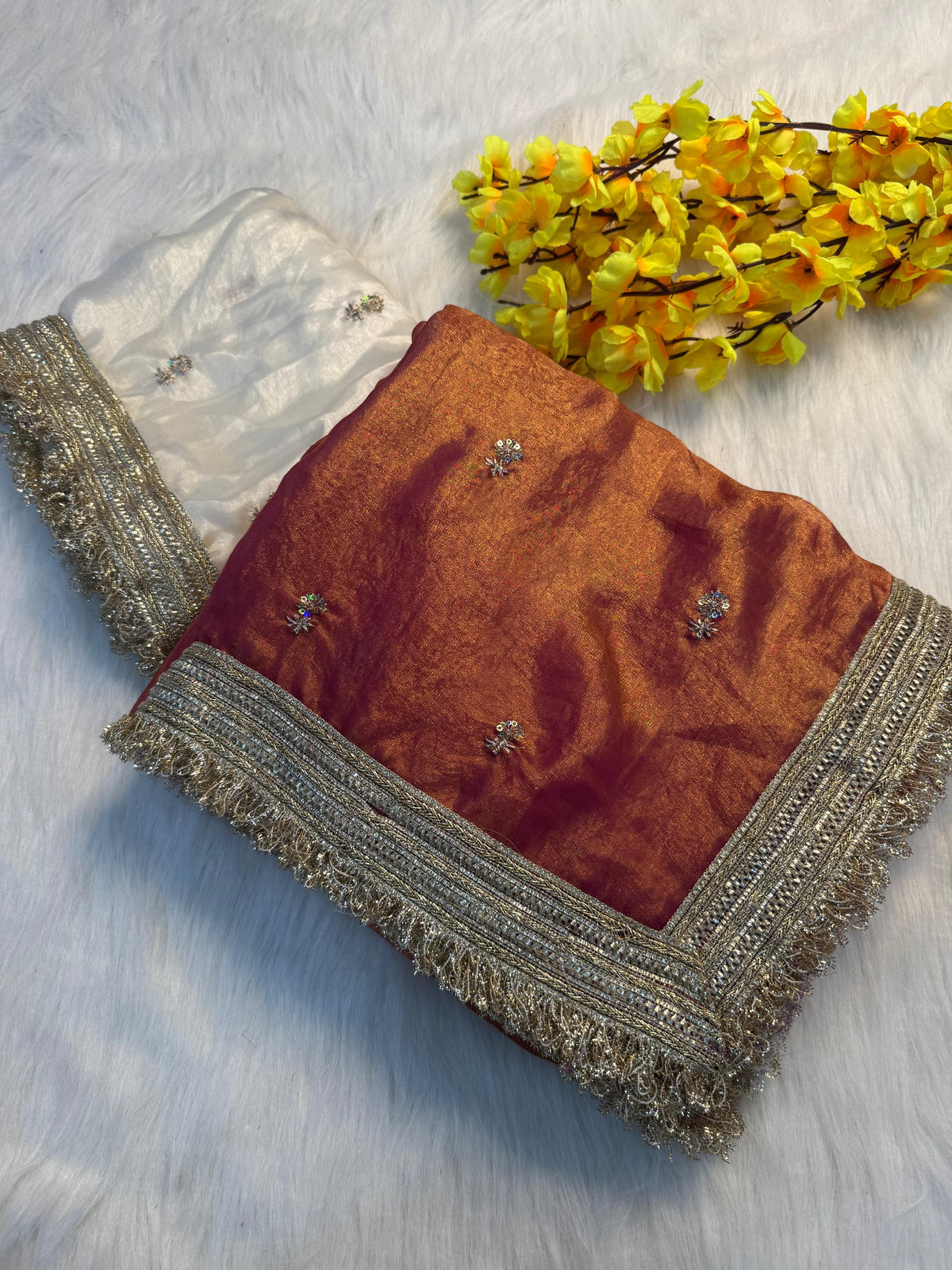 Fendy satin embroidery buti saree with sabhyasachi lace