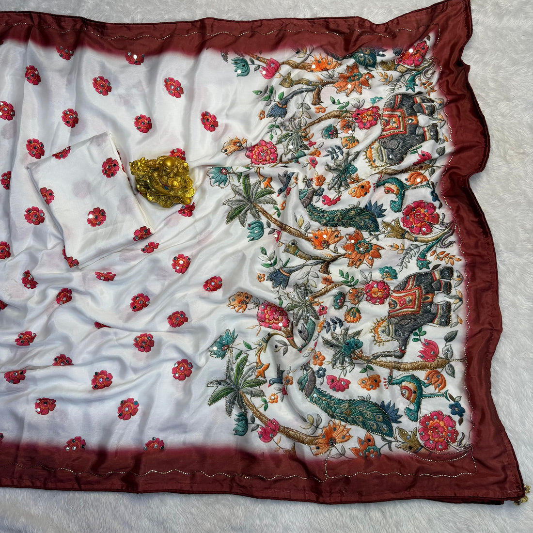 Marshmallow chinnon silk Ajrak print saree