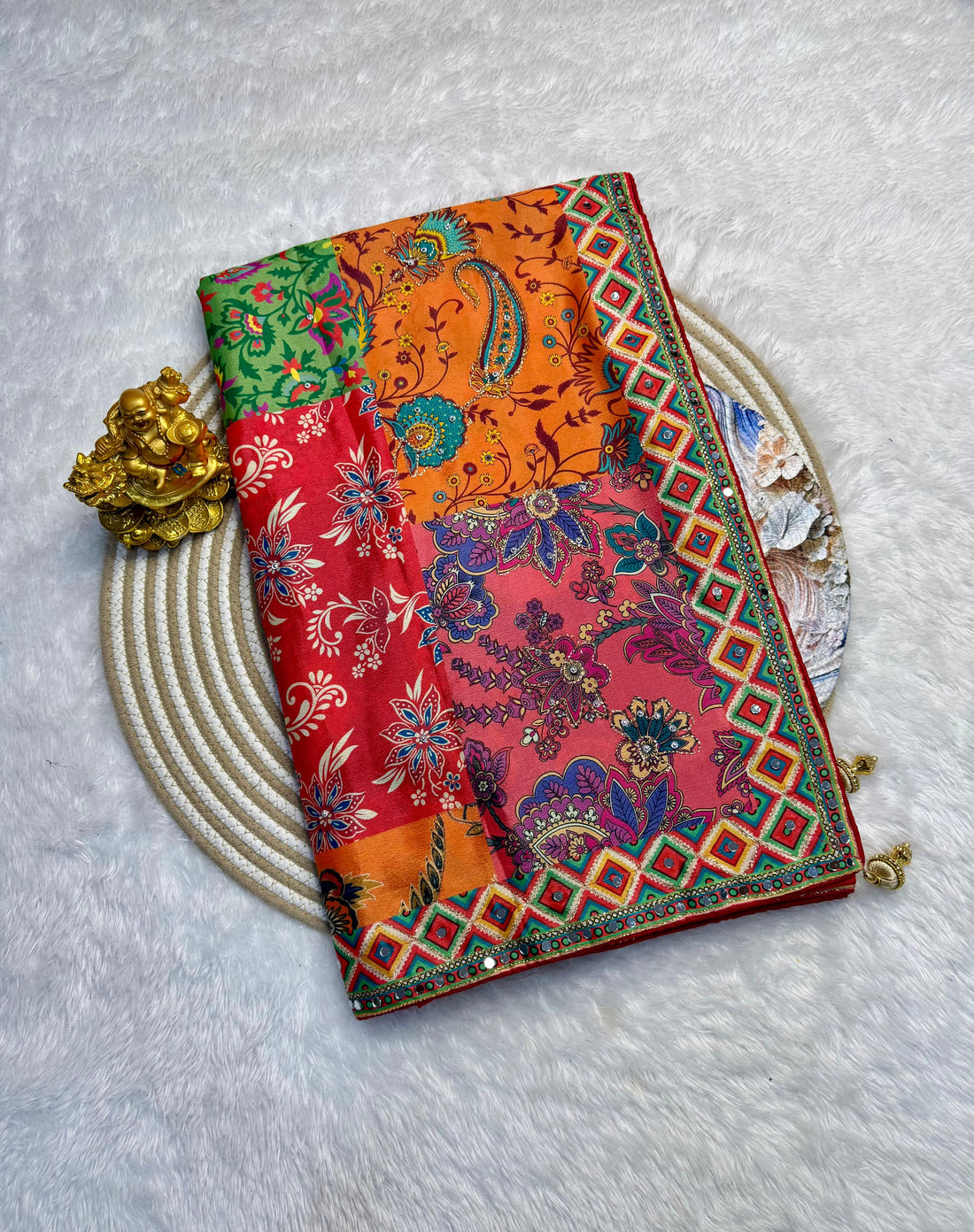 Soft chinnon Azrak mirror work sarees