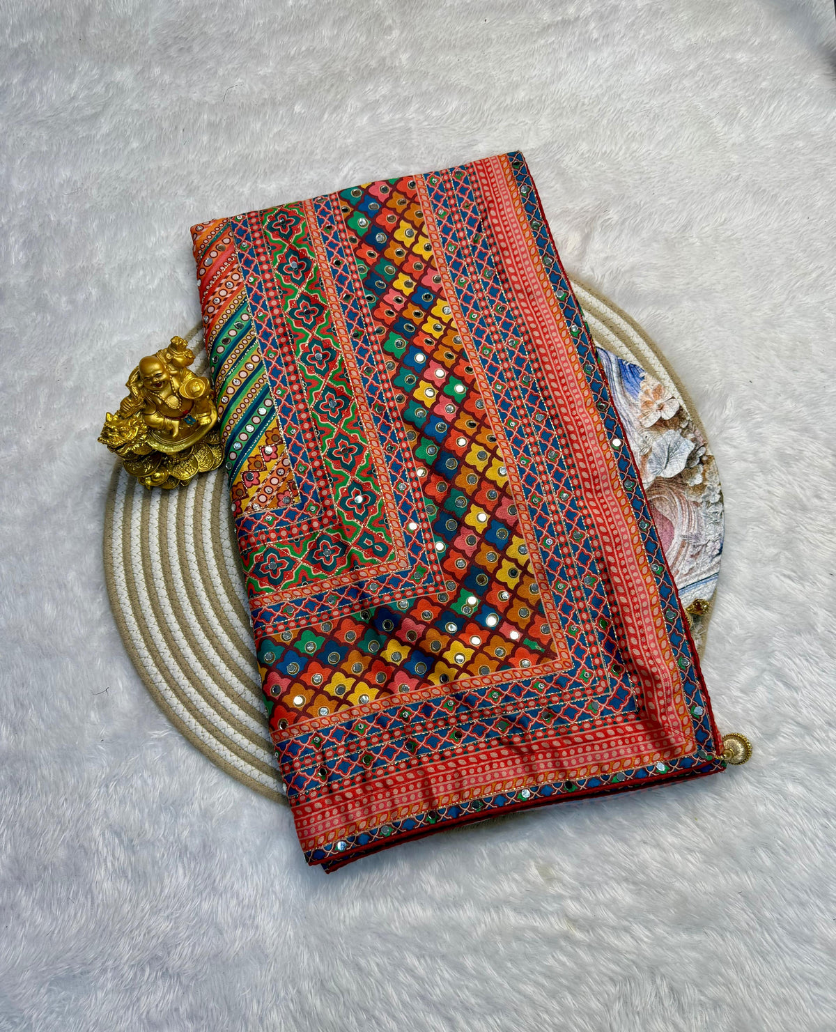 Soft chinnon Azrak mirror work sarees