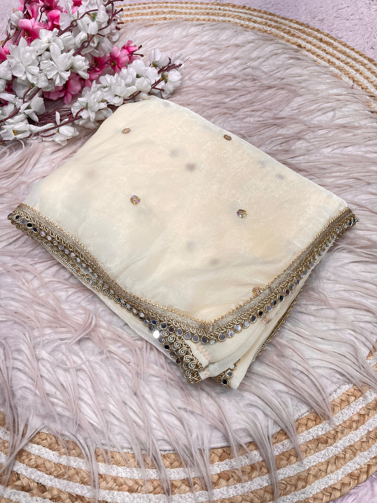 Fandy satin mirror work lace border saree