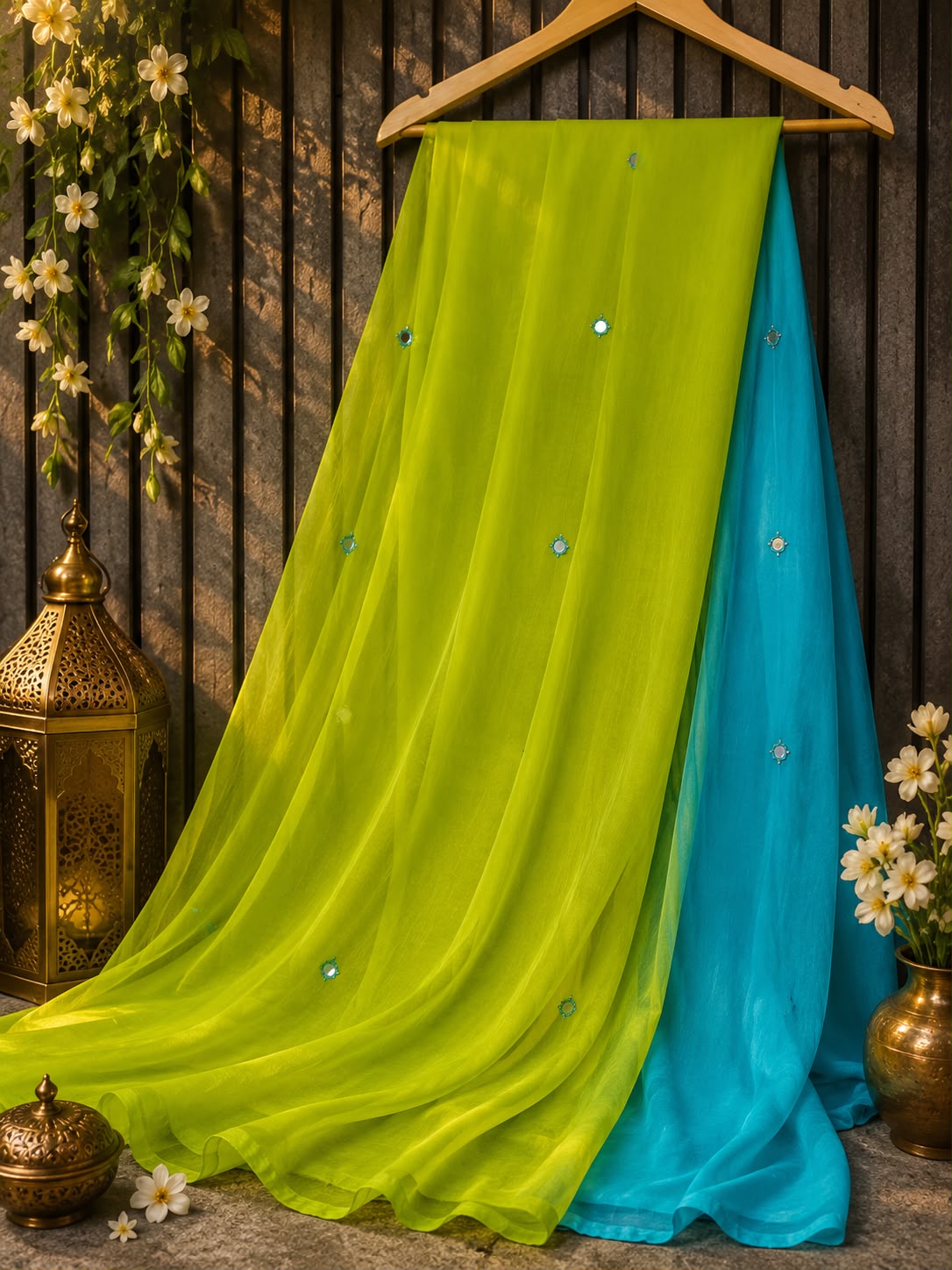 Dula shade shiffon mirror work saree