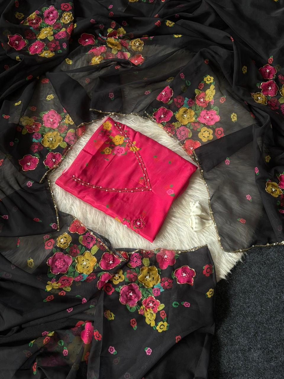 Soft Tabi silk flower print hand work saree