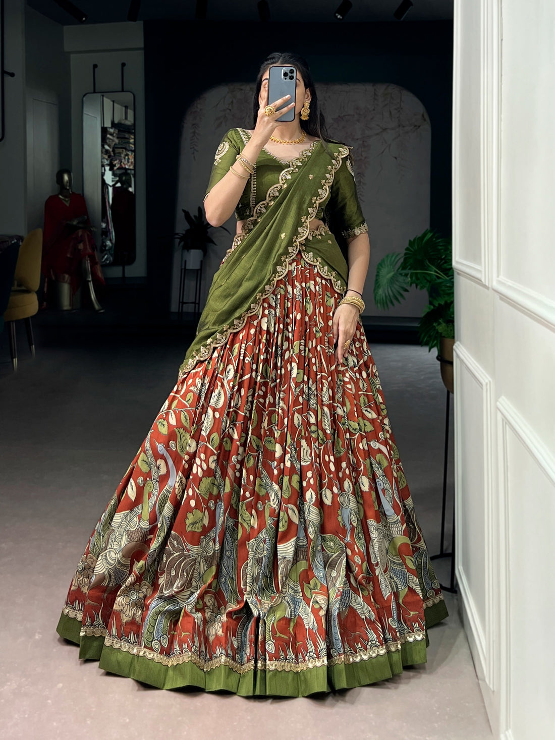 Tissue silk kalamkari lehenga set