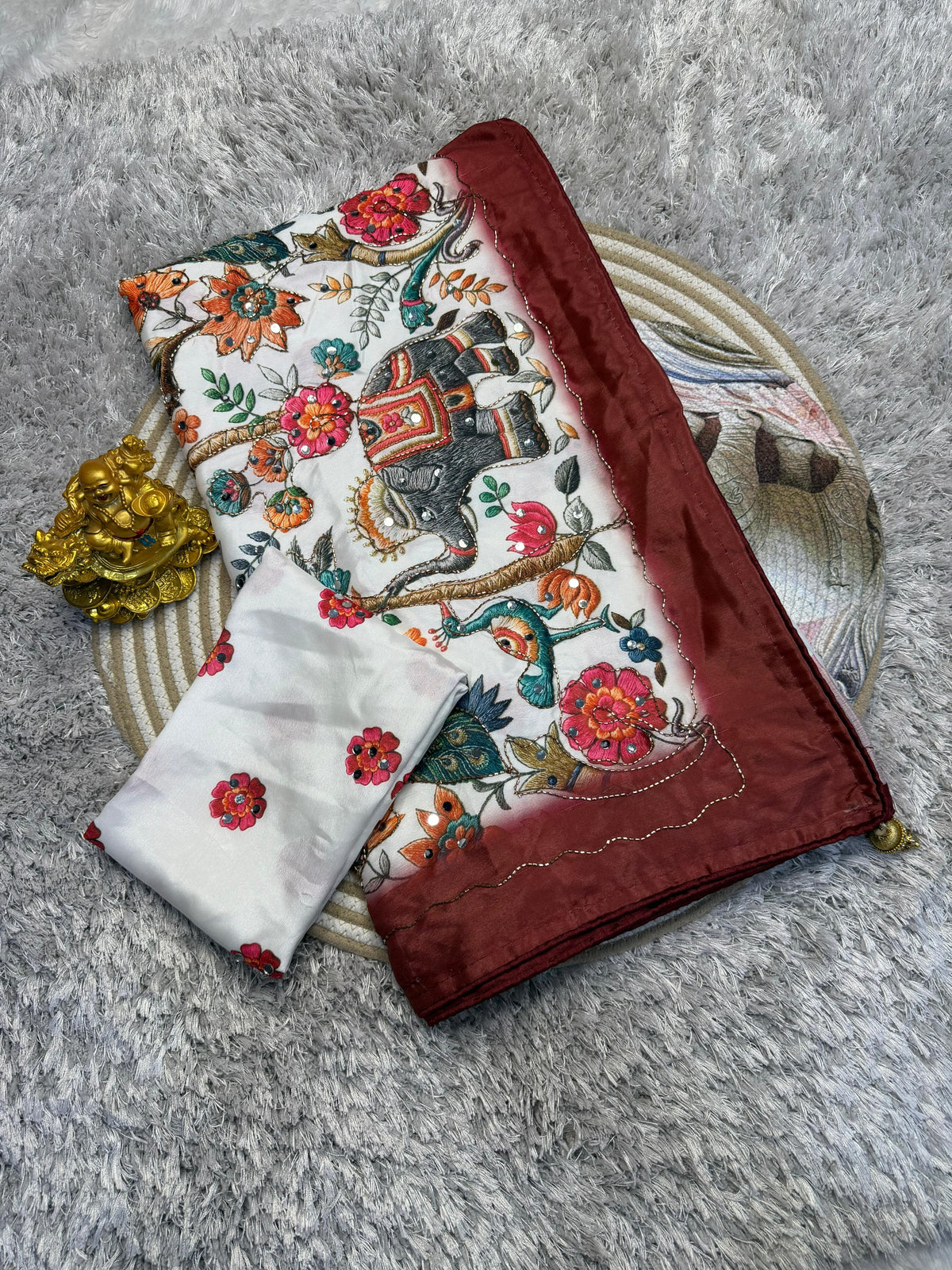 Marshmallow chinnon silk Ajrak print saree