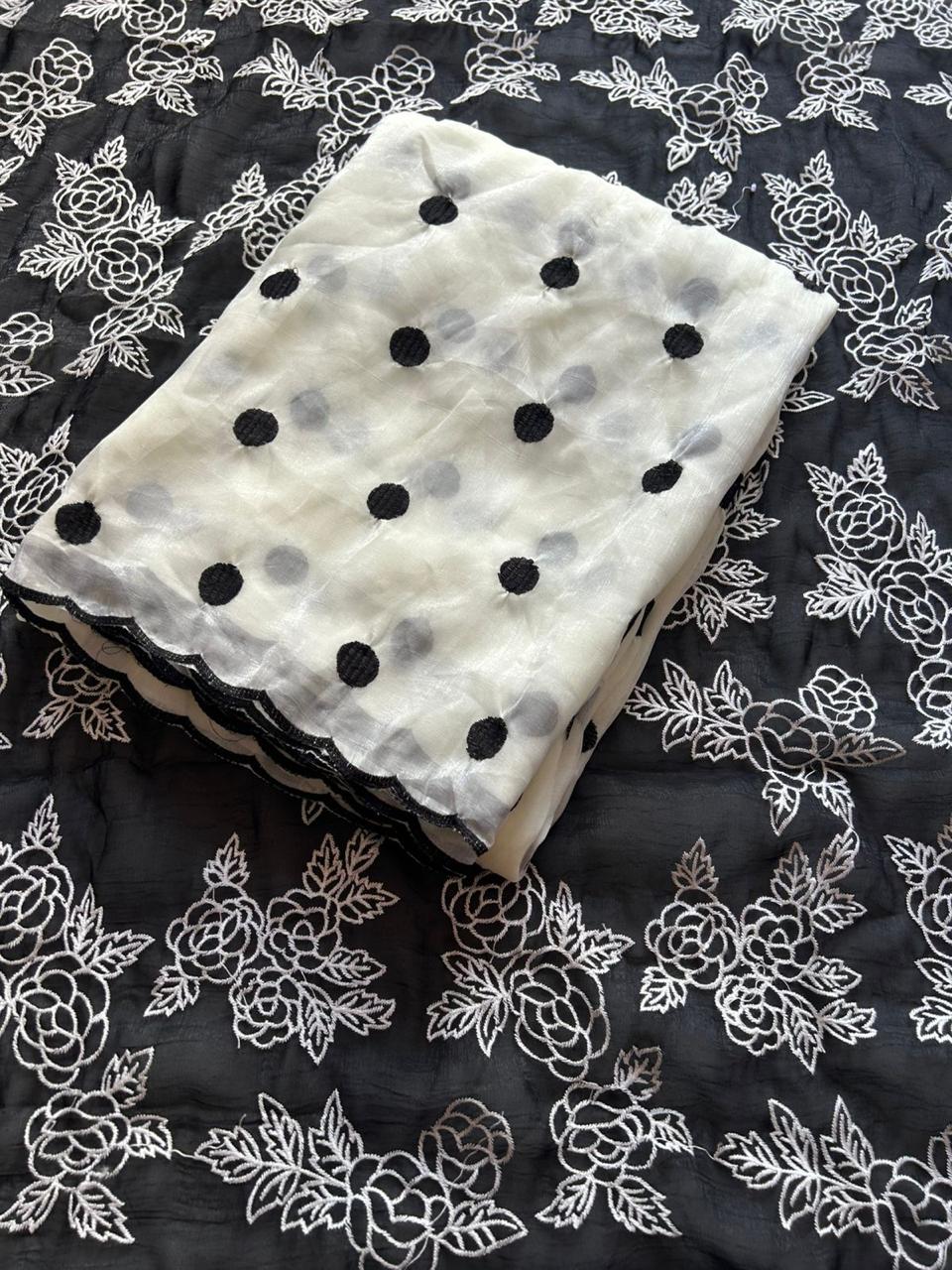 Fendy satin polka dots embroidery saree