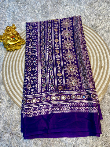 Ajrak model soft crepe silk mirror work saree