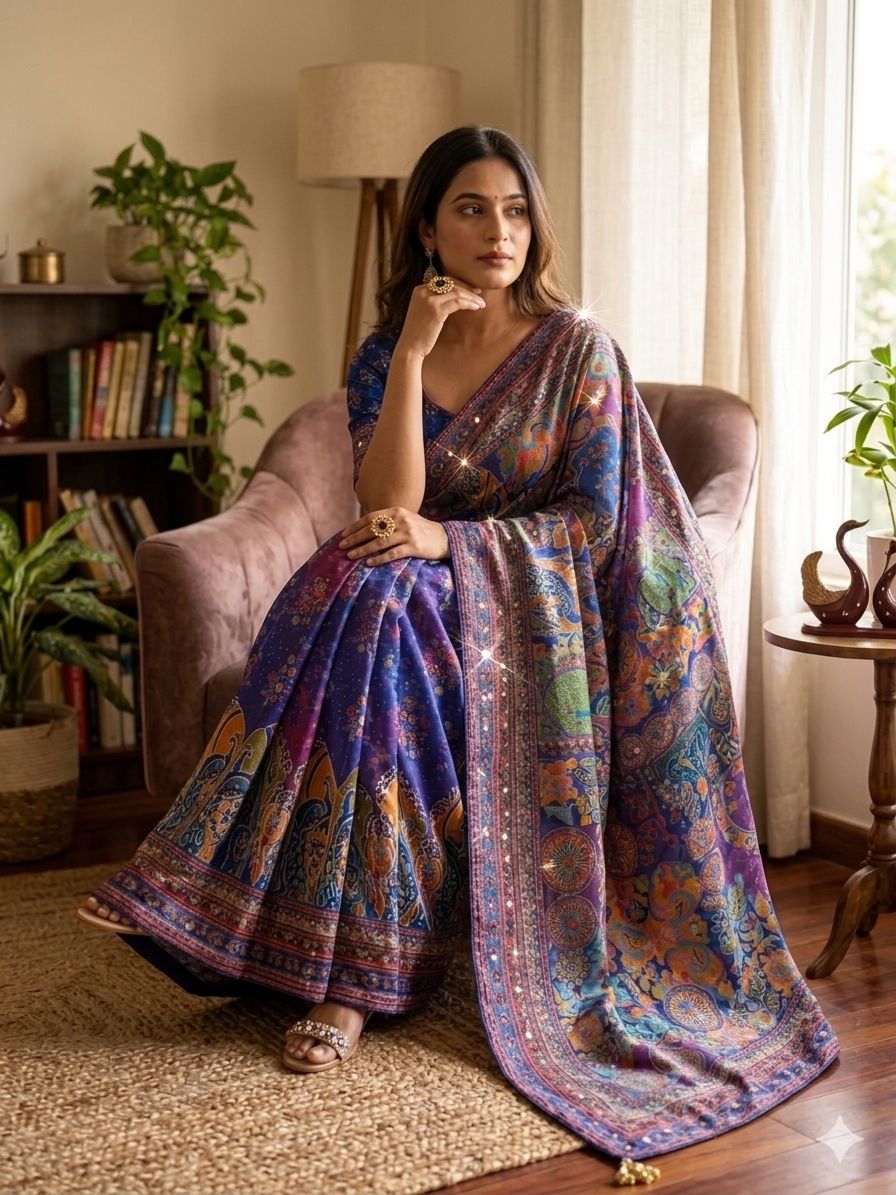 Gold zari mirror work saree