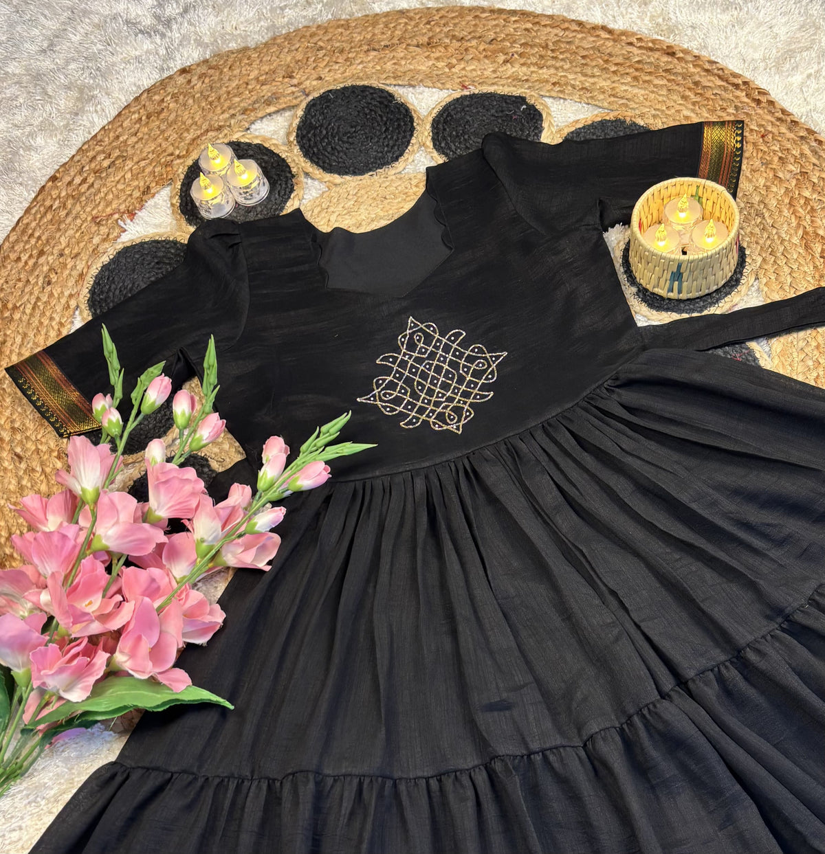 Vichitra silk kolam design Frock ✨