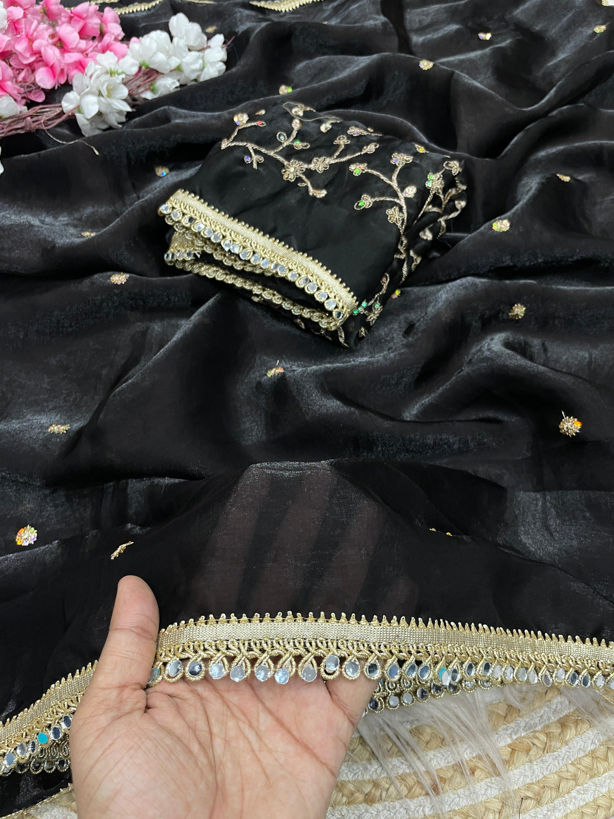 Fandy satin mirror work lace border saree