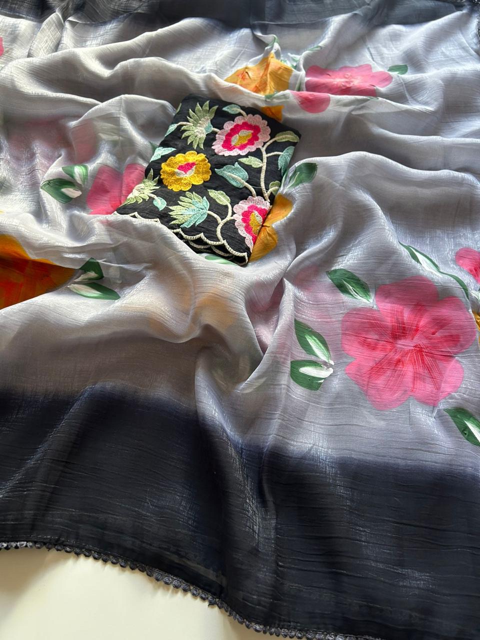 Crunchy silk hand painted saree 🌺
