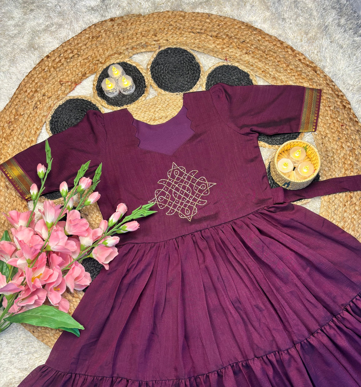 Vichitra silk kolam design Frock ✨