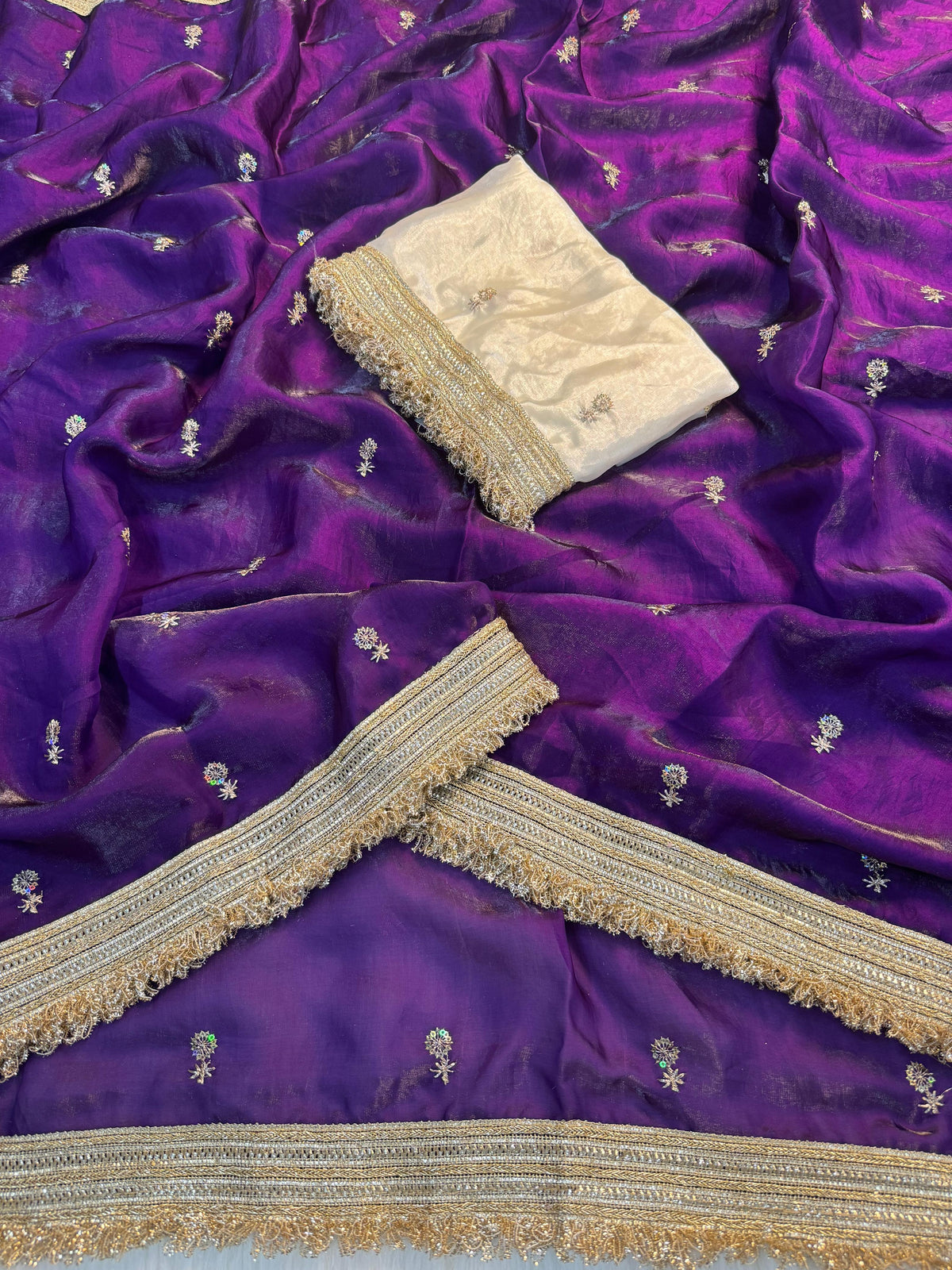 Fendy satin embroidery buti saree with sabhyasachi lace