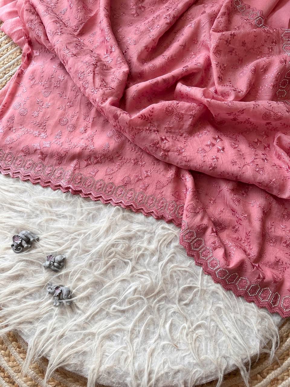 Crush fabric embroidery work saree