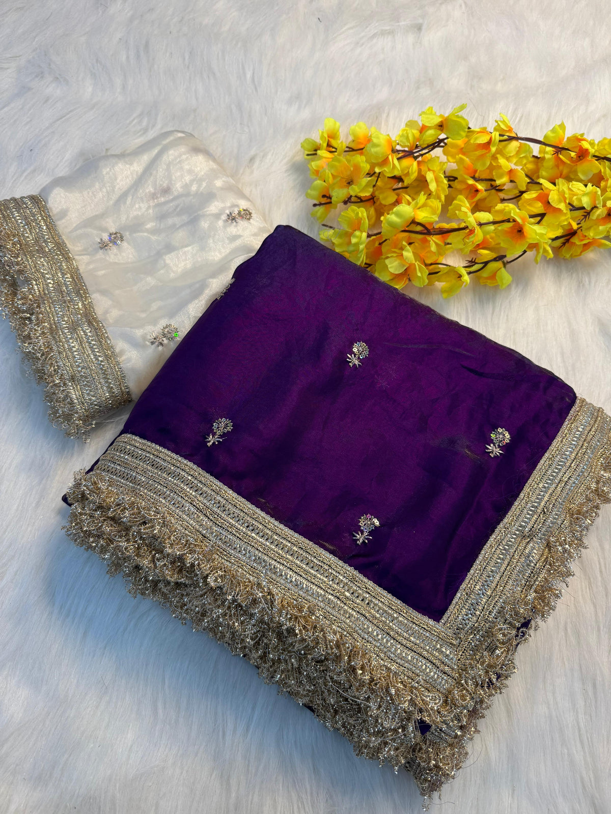 Fendy satin embroidery buti saree with sabhyasachi lace