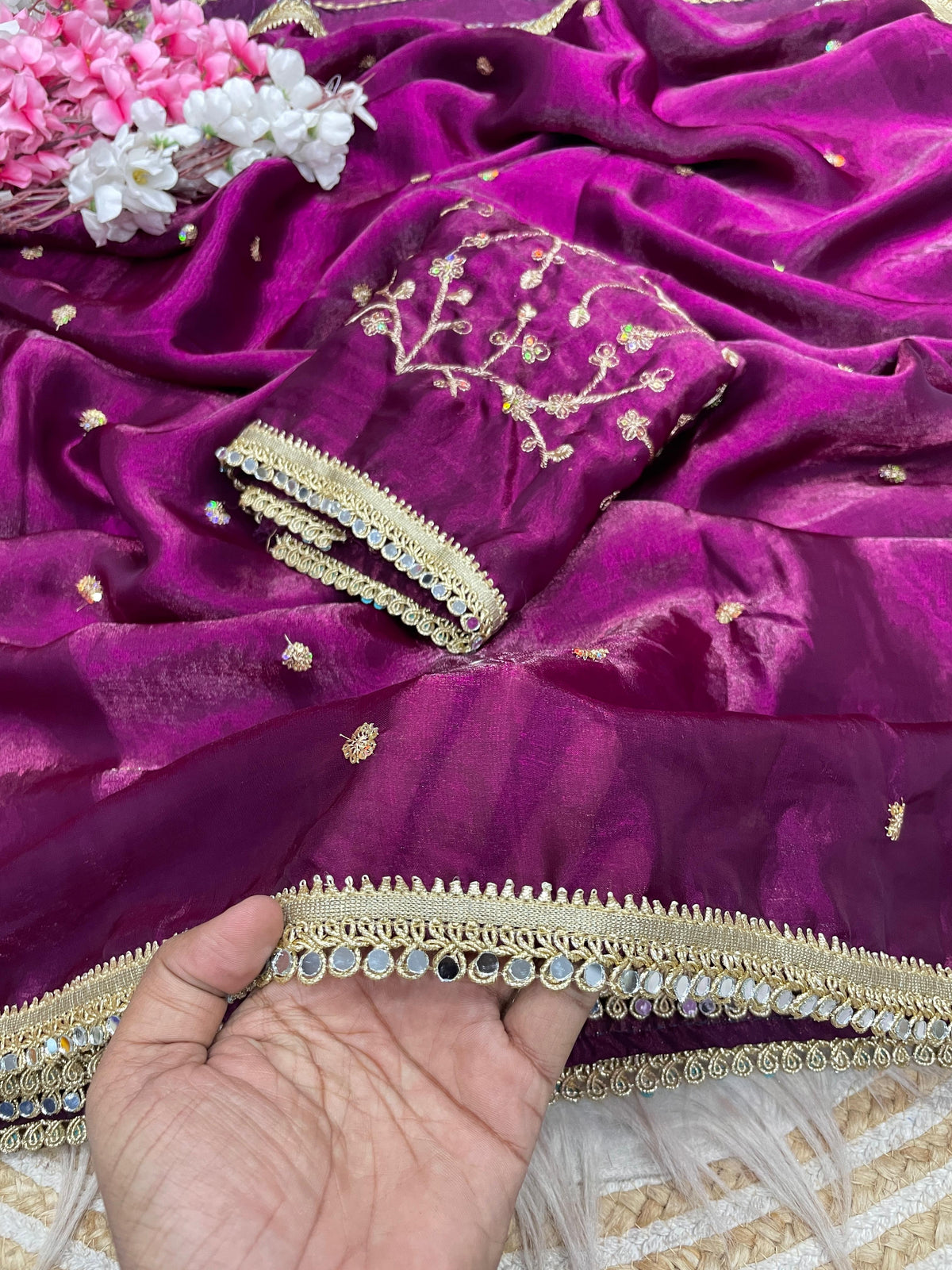Fandy satin mirror work lace border saree