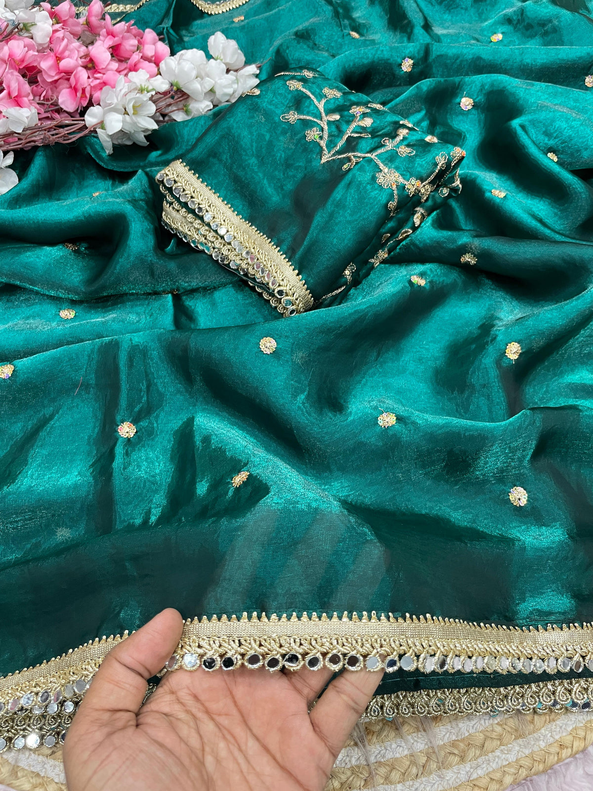 Fandy satin mirror work lace border saree