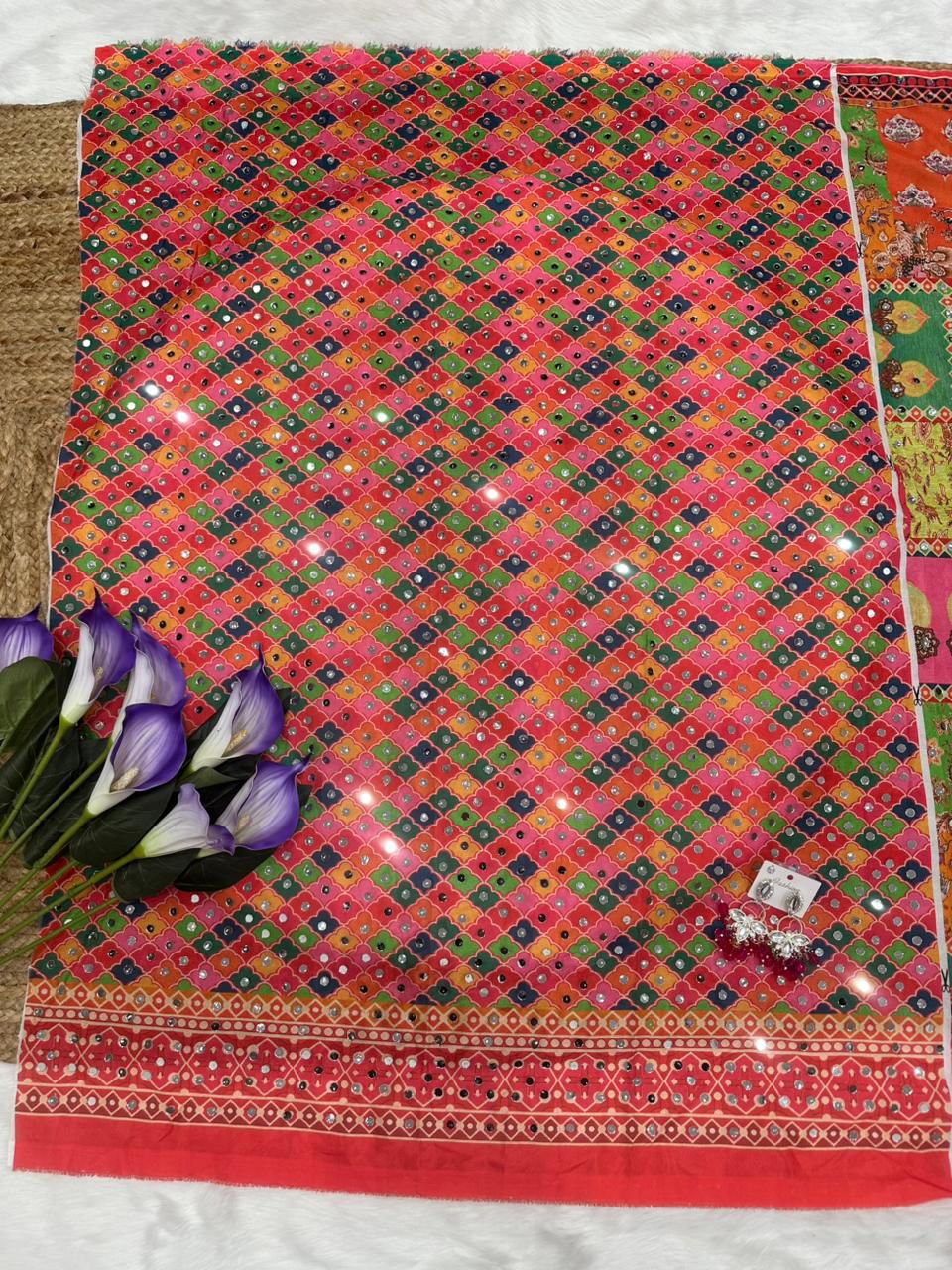 Soft chinnon Azrak mirror work sarees