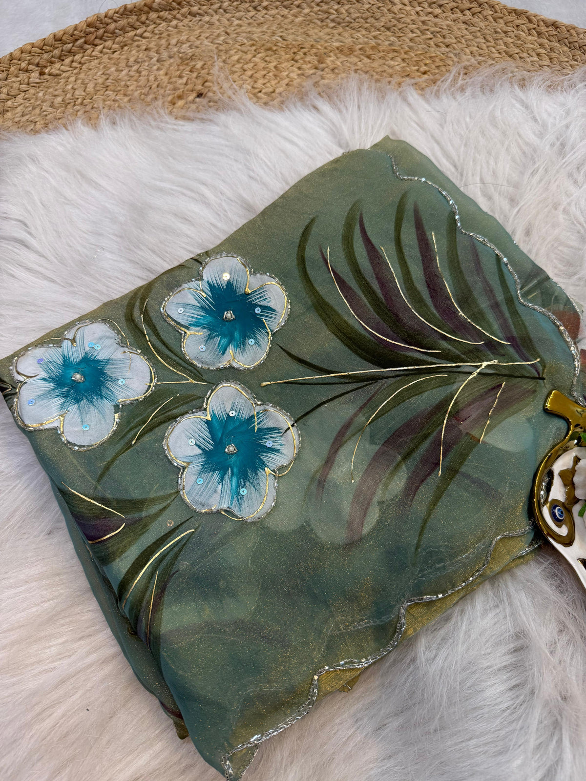 Moss shiffon hand brush flower paint saree