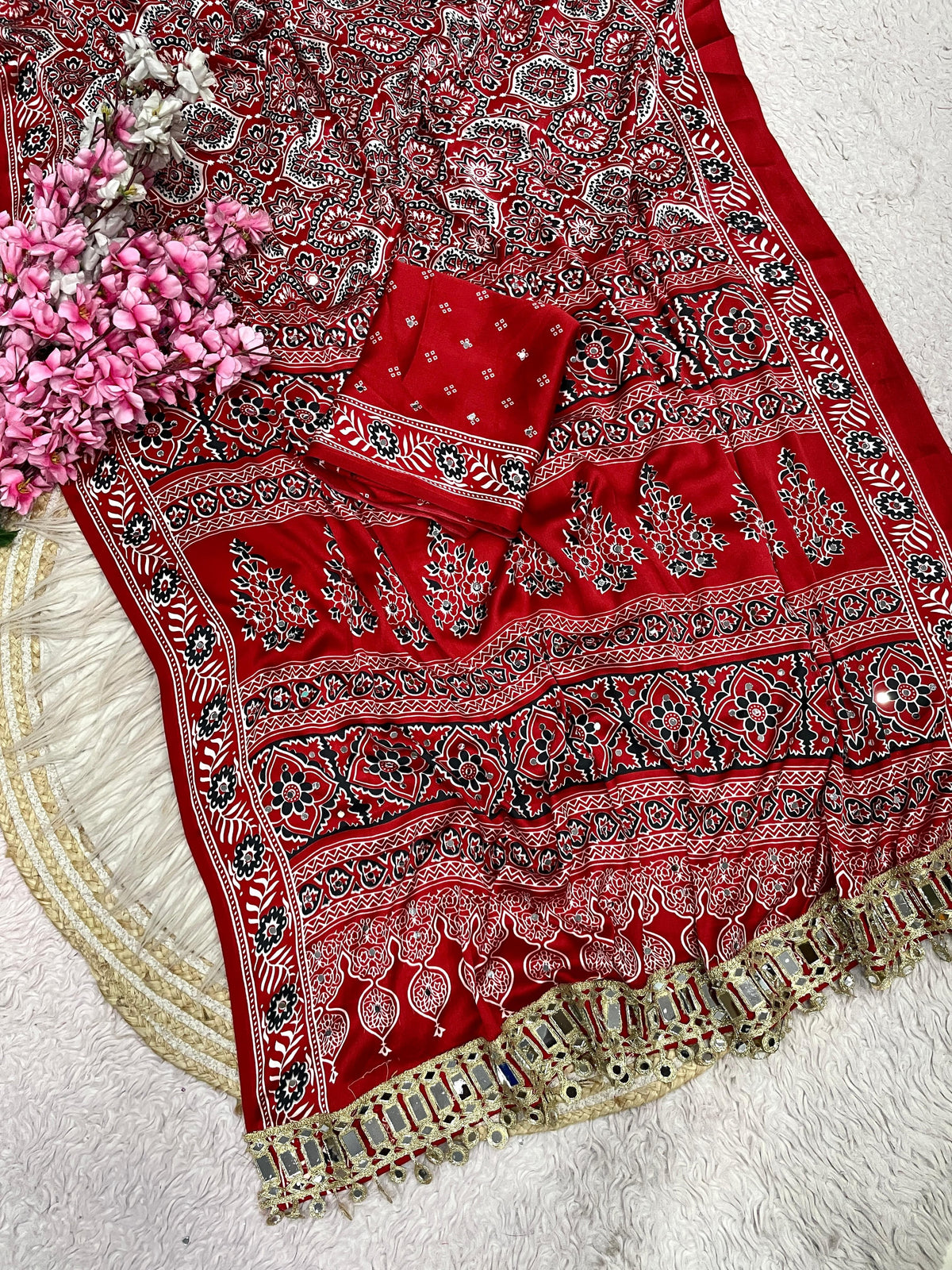 Ajrak satin viscose silk saree ✨
