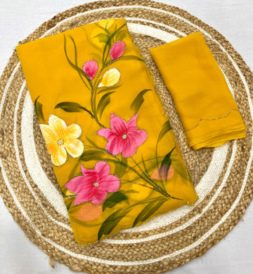 Soft pure shiffon hand work brush paint saree