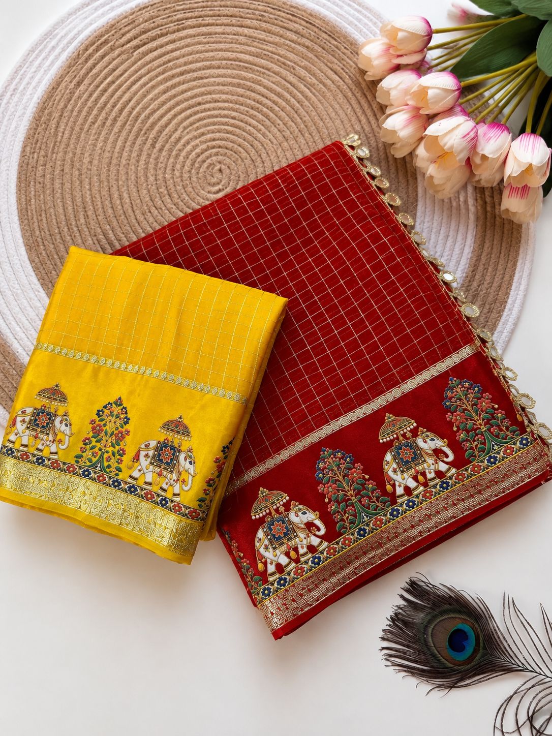 Viscose checks mirror work border saree ✨