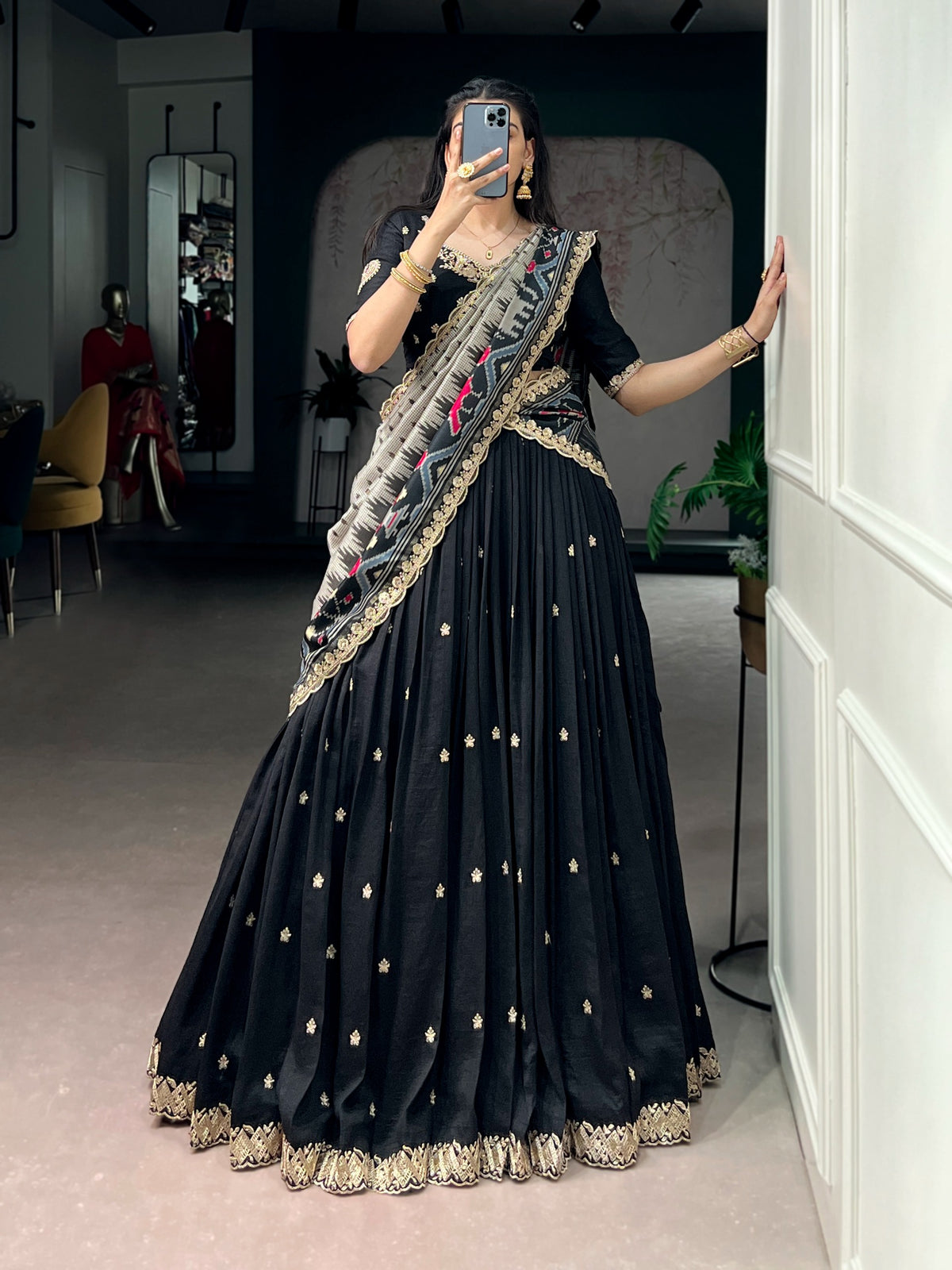 Vichitra silk thread work email lehenga