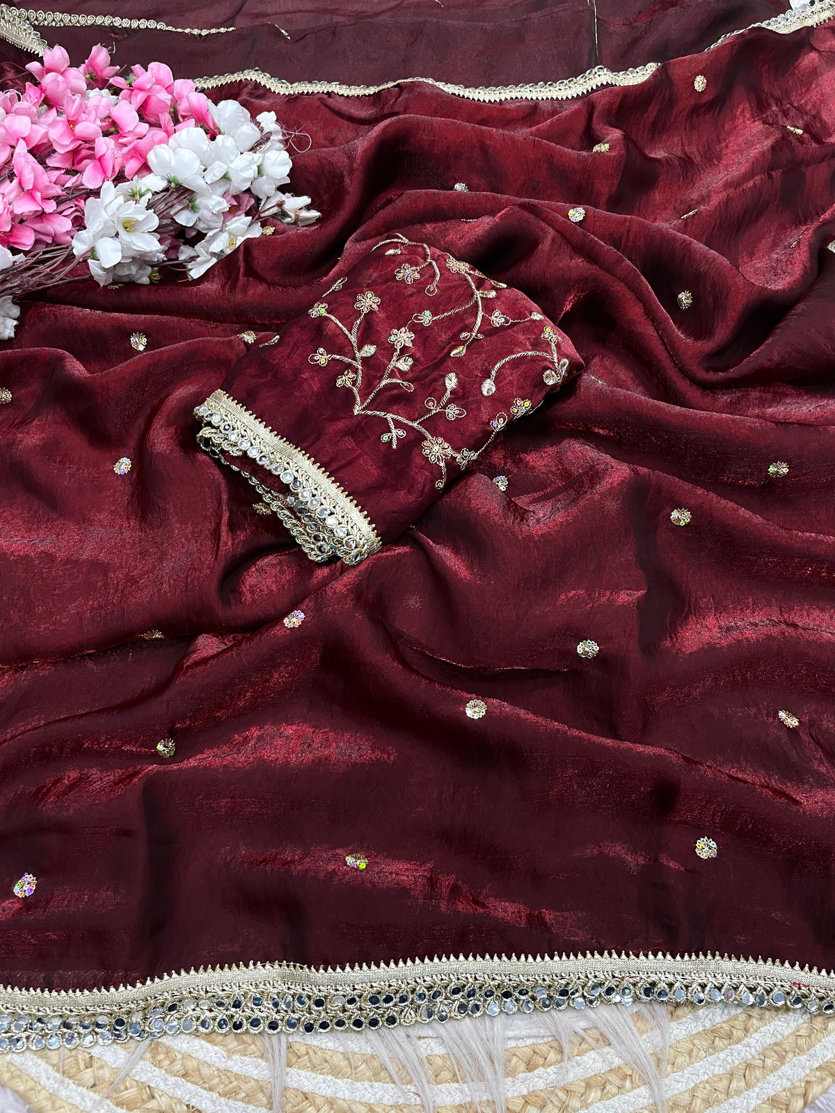 Fandy satin mirror work lace border saree