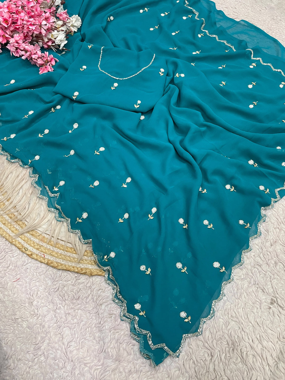 Faux Georgette Beautiful handwork buttis saree