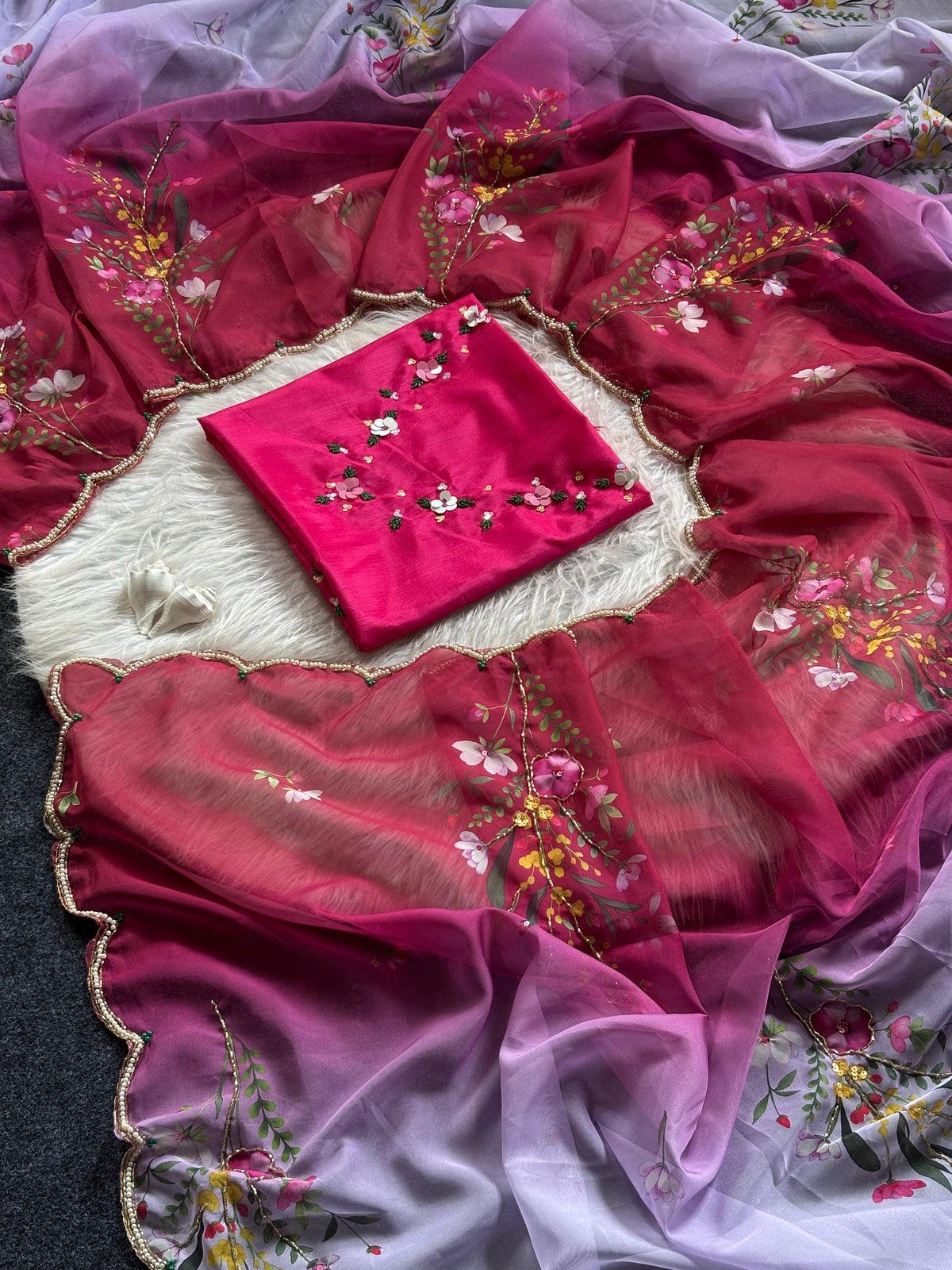 Soft Tabi hand work flower print organza saree