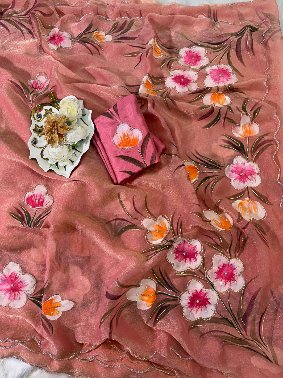 Moss shiffon hand brush flower paint saree