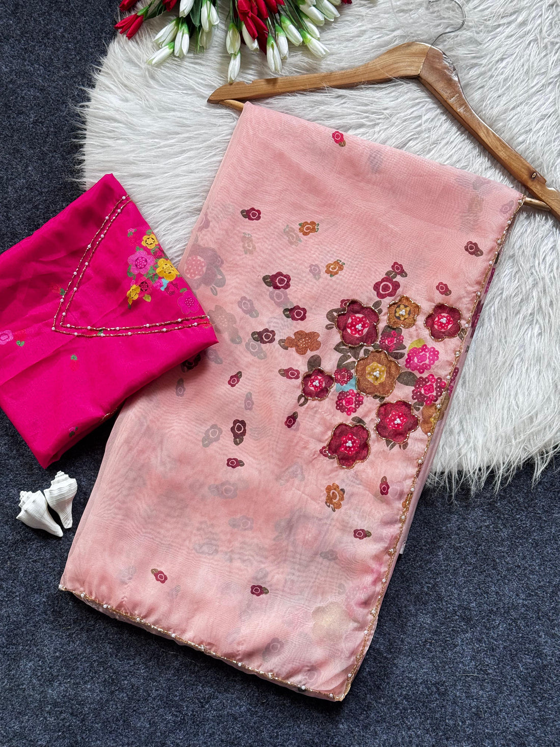 Soft Tabi silk flower print hand work saree
