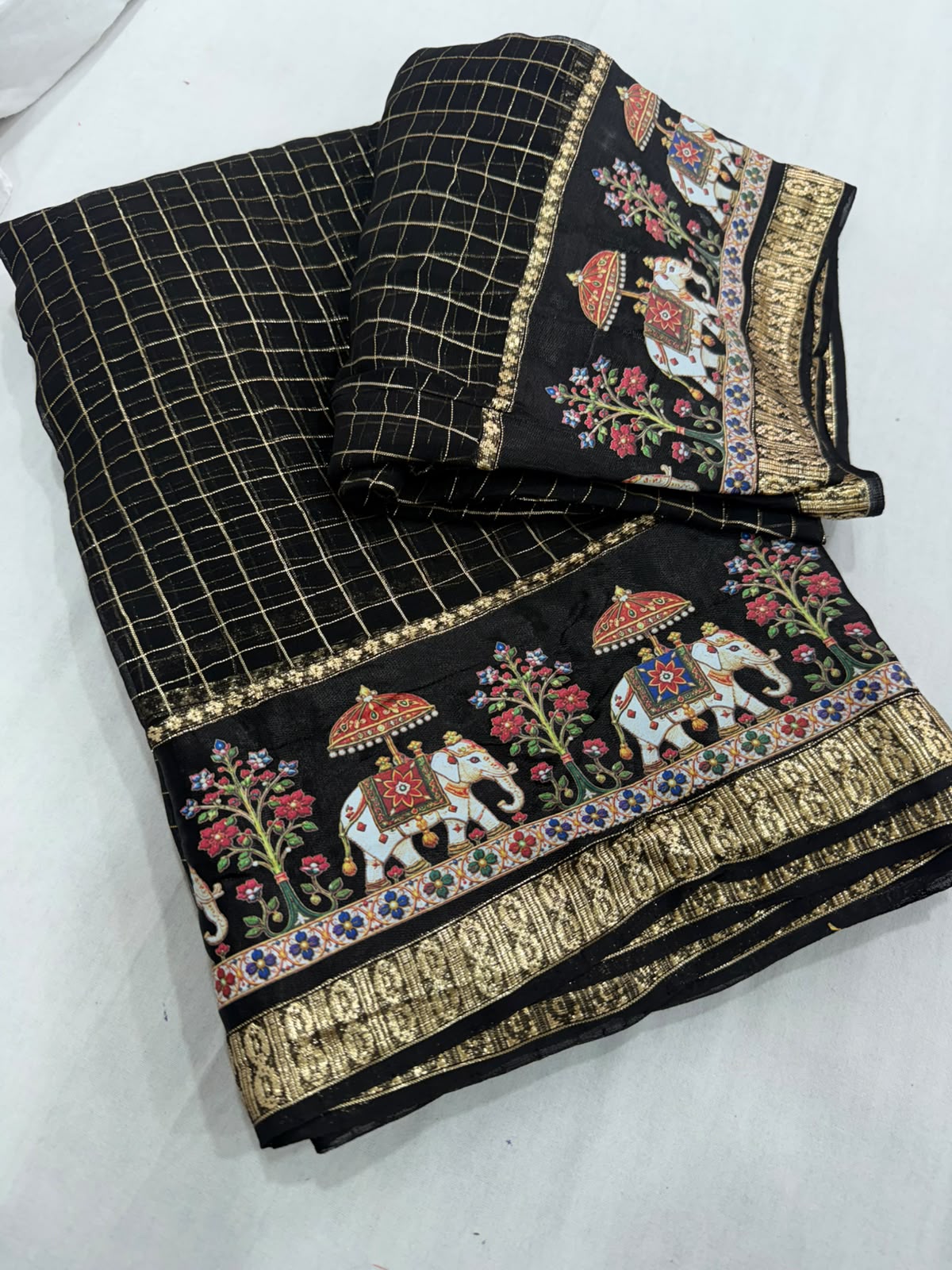Viscose Georgette Chex 3D Digital Print Border Saree