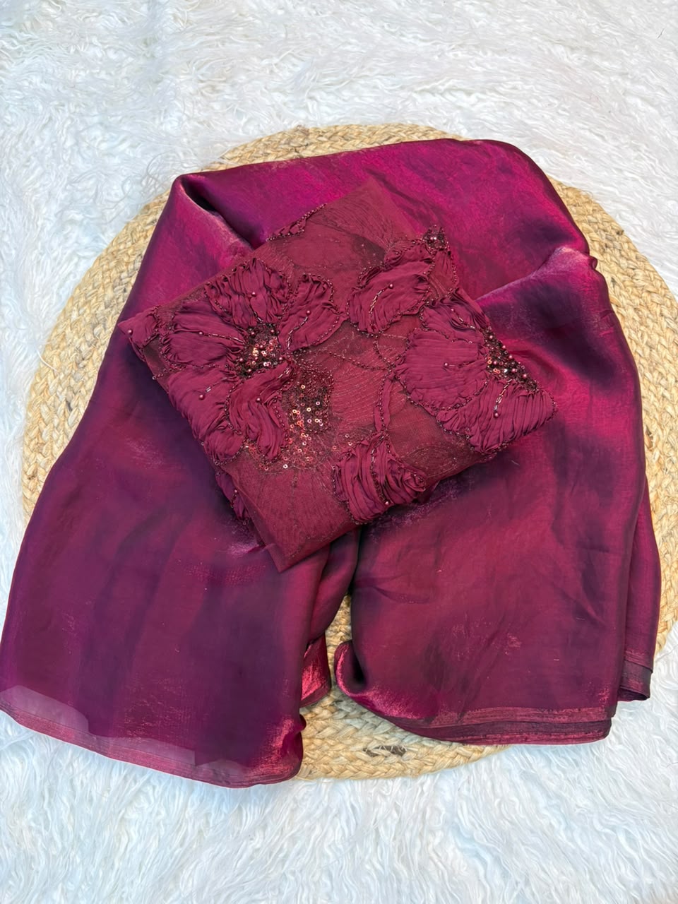 Ribbon beads work blouse designer saree