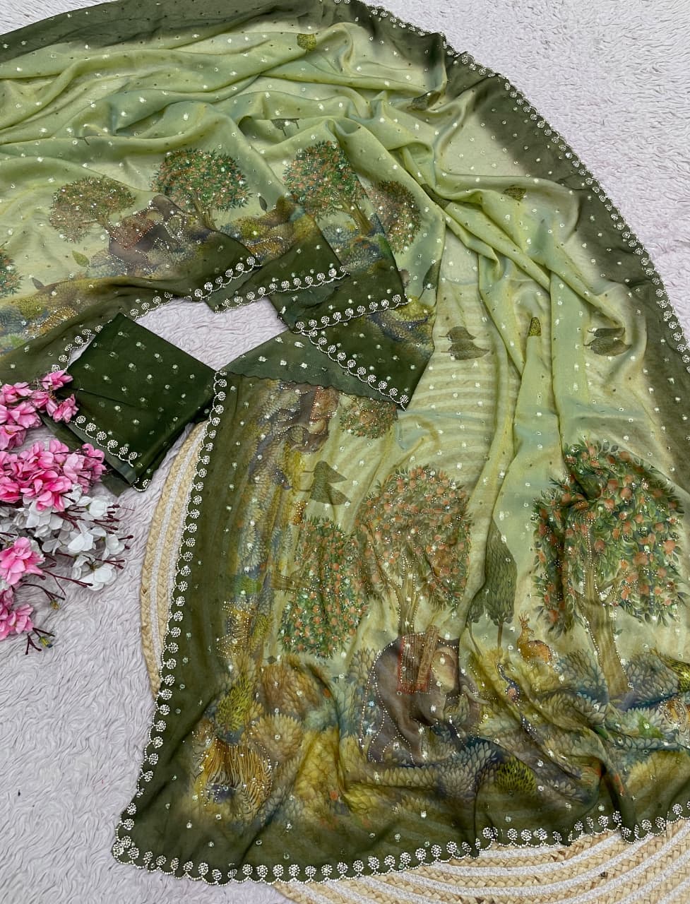 Digital print moss zarkhana work saree ✨