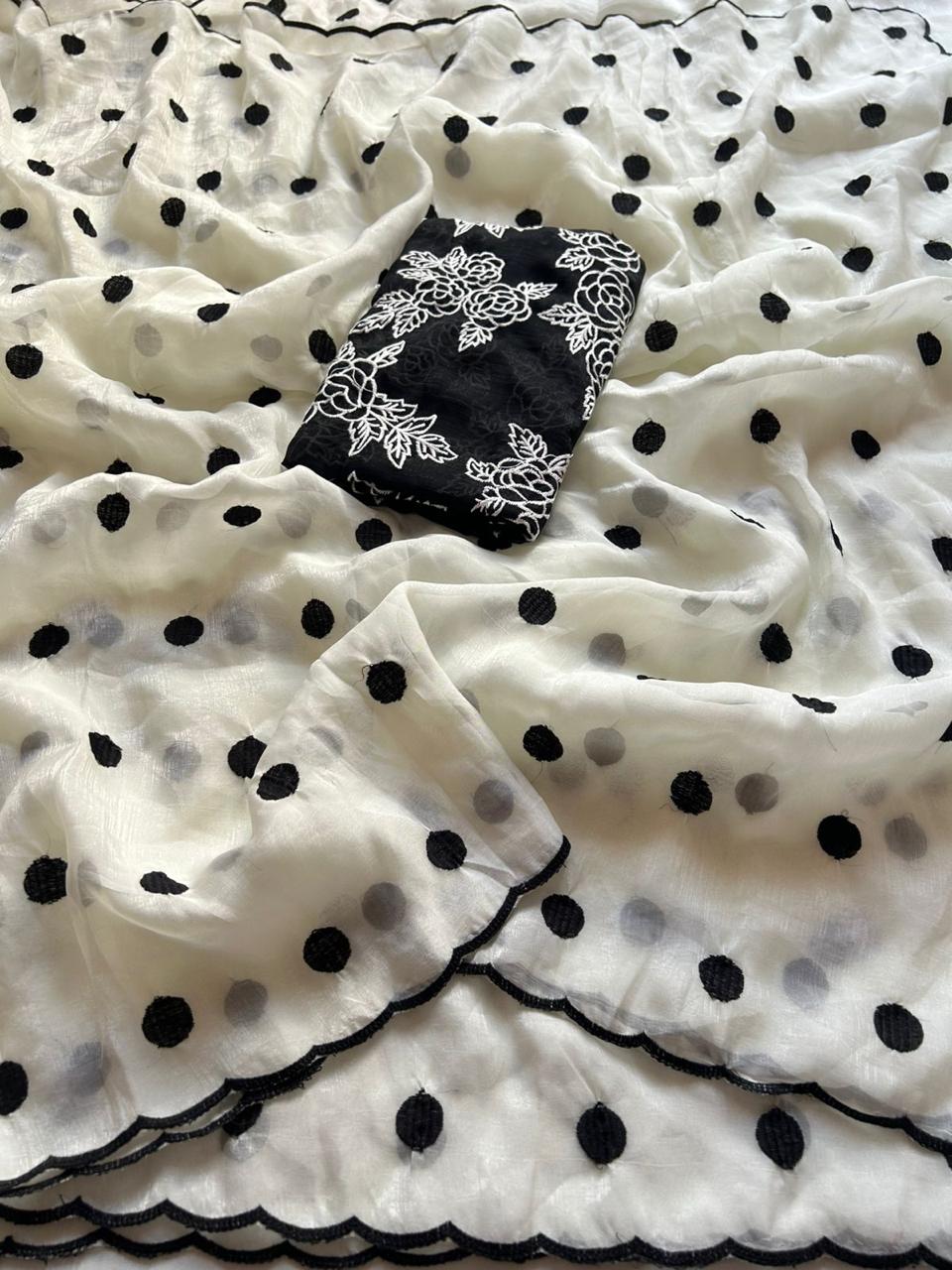 Fendy satin polka dots embroidery saree
