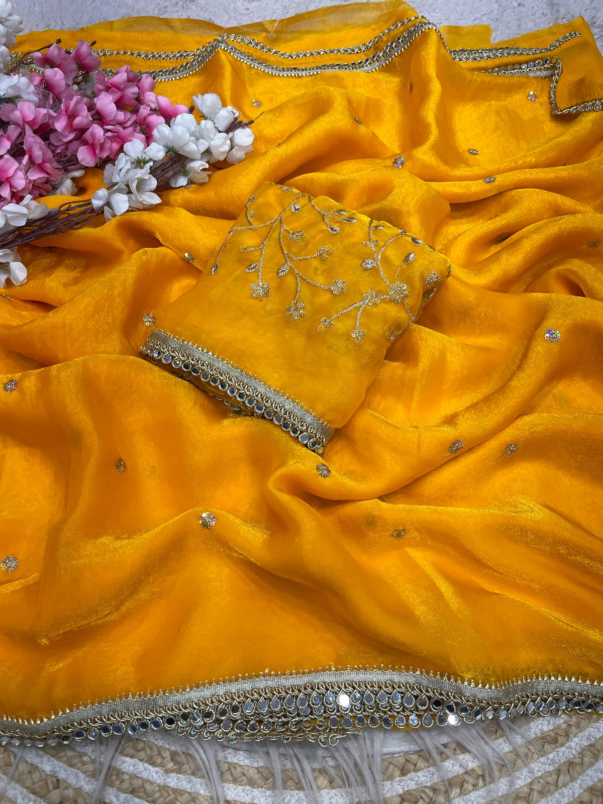 Fandy satin mirror work lace border saree