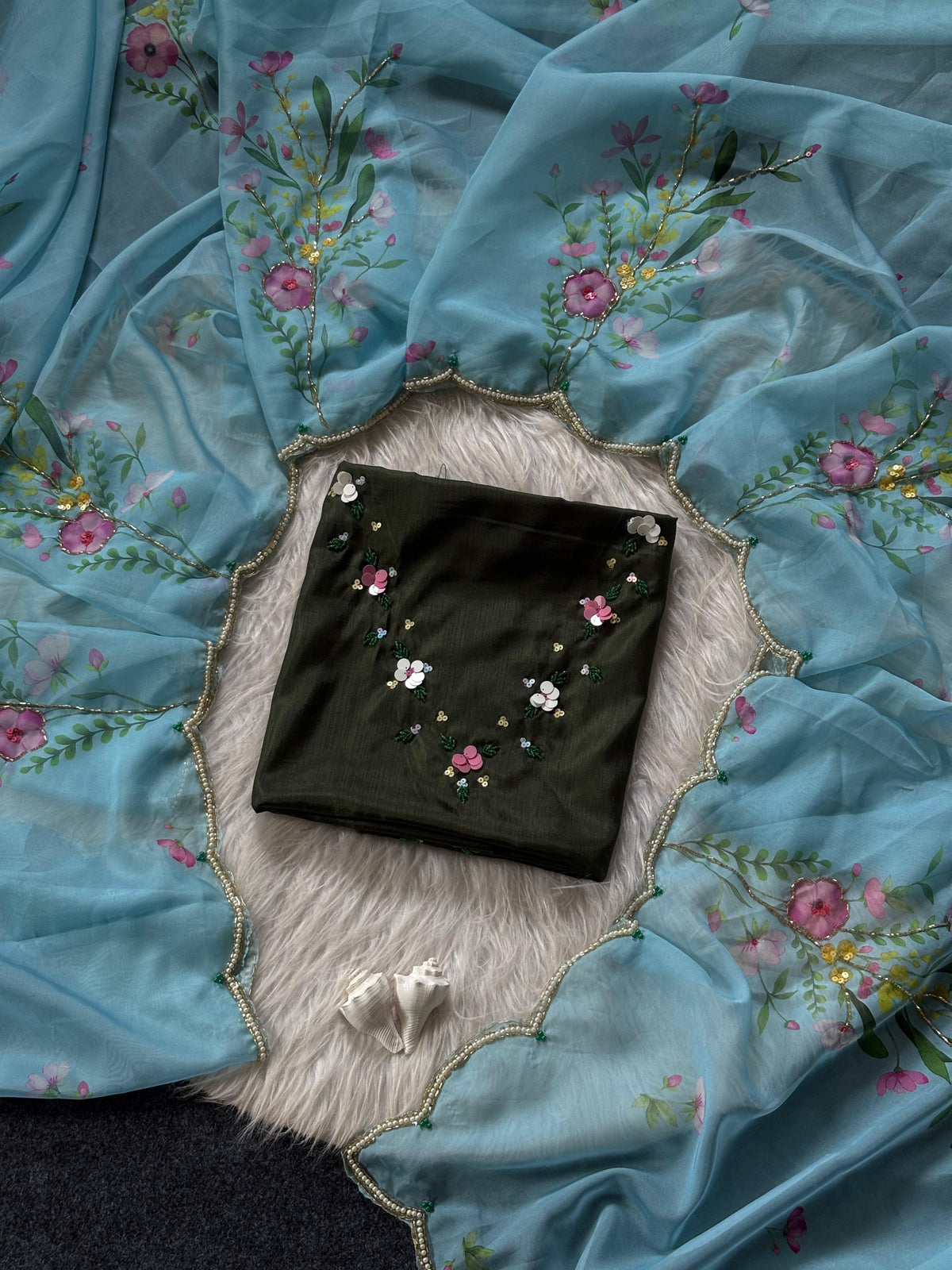Soft Tabi hand work flower print organza saree