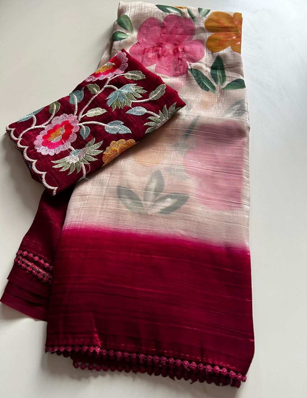 Crunchy silk hand painted saree 🌺