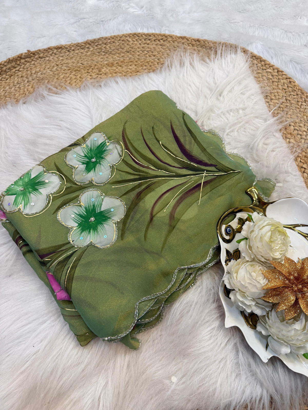 Moss shiffon hand brush flower paint saree