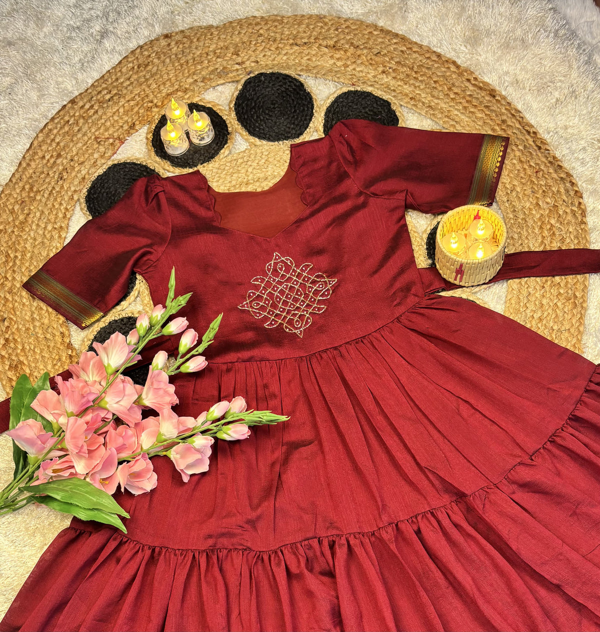 Vichitra silk kolam design Frock ✨