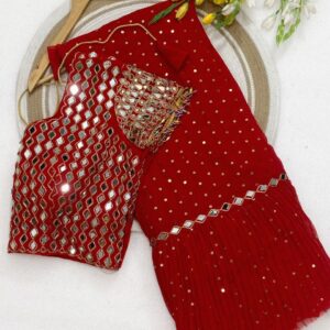 Red real mirror work ruffle saree