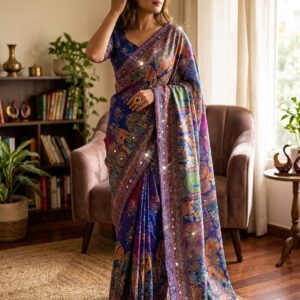 Gold zari mirror work saree