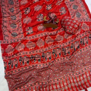Japan satin beautiful Ajarakh print mirror work saree ✨